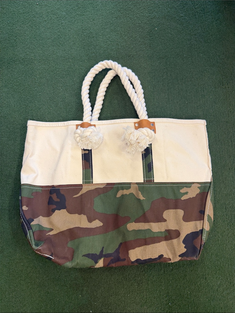 L.L. Bean Canvas Tote with Rope Handles - Cream & Green Camo